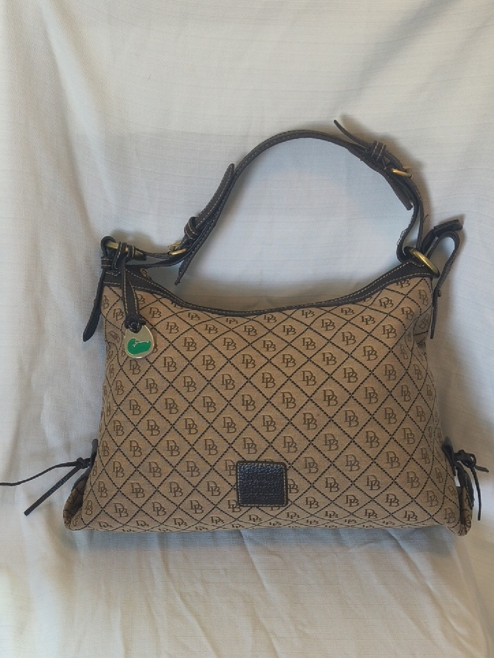 Dooney & Bourke Tan Canvas Monogram Vintage Shoulder Bag with Dark Brown Trim